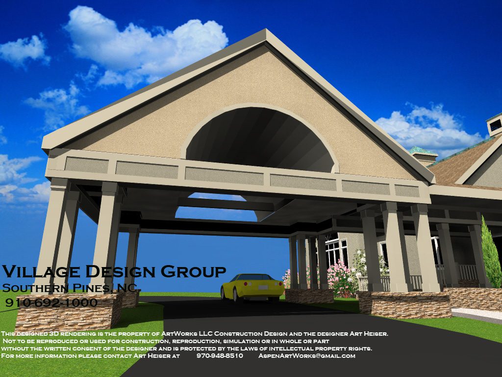 A rendering of the garage and carport.