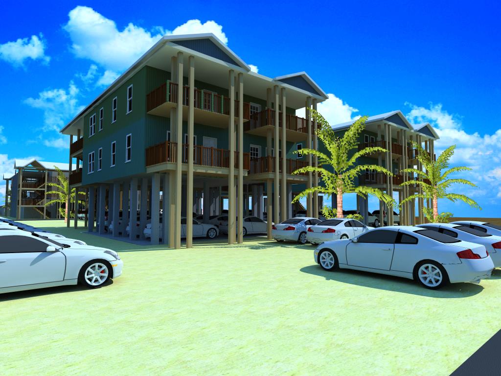 A rendering of the exterior of an apartment complex.