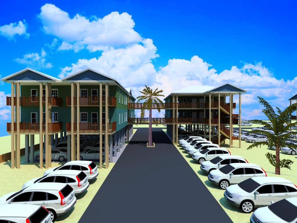 A rendering of the parking lot and building.