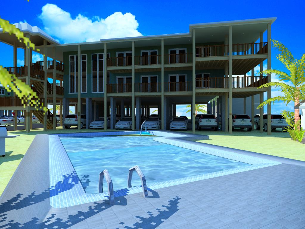 A 3 d rendering of the pool and building.