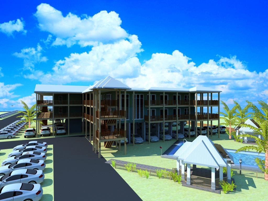 A 3 d rendering of the building with a sky background