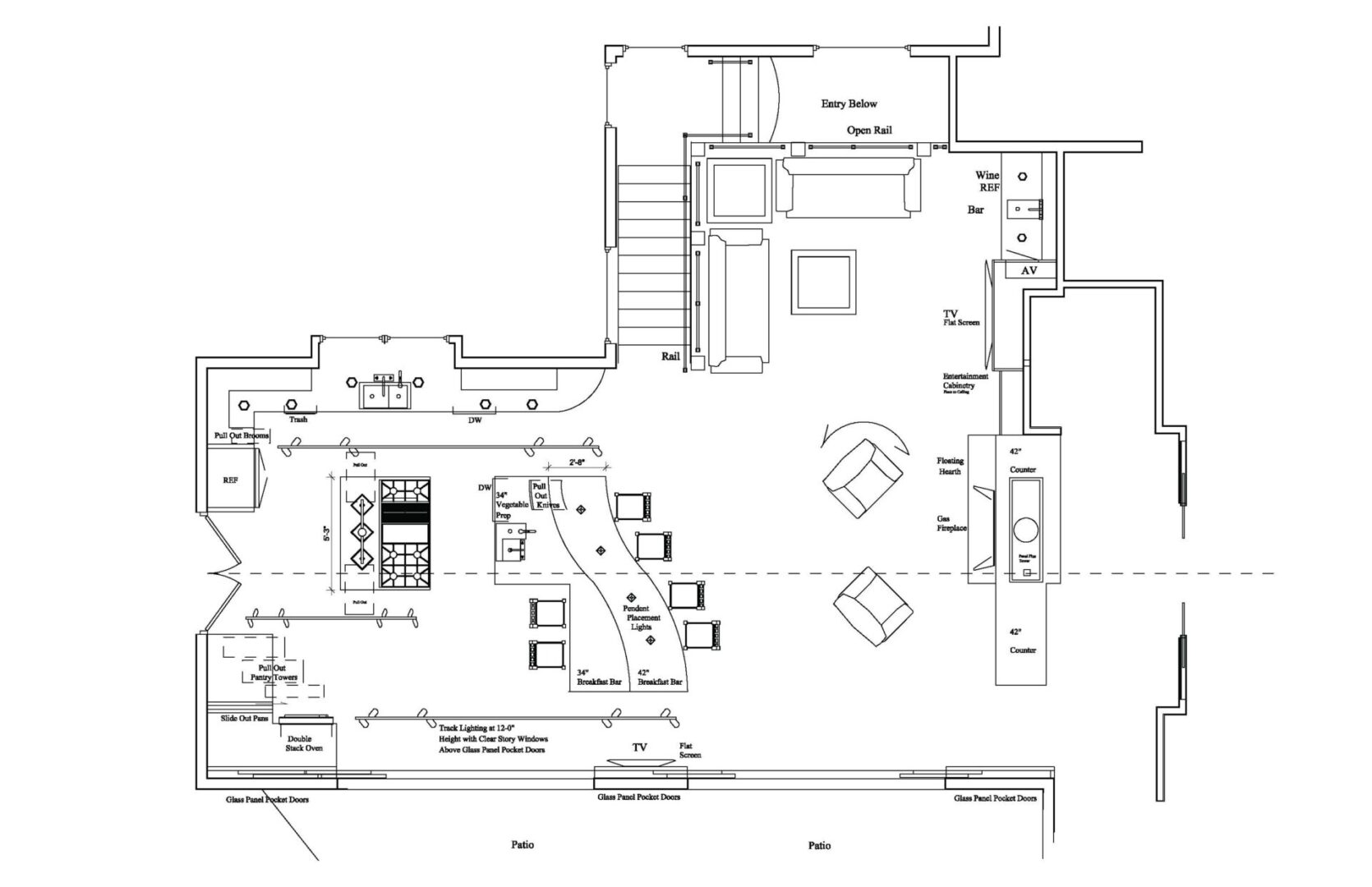 A floor plan of a house with stairs and furniture.