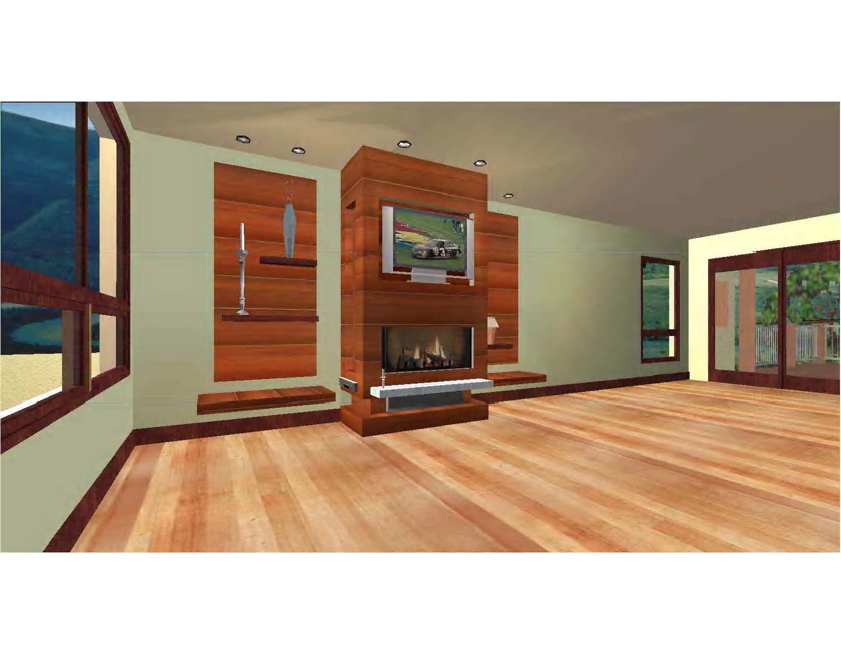 A 3 d rendering of the living room with wood floors.