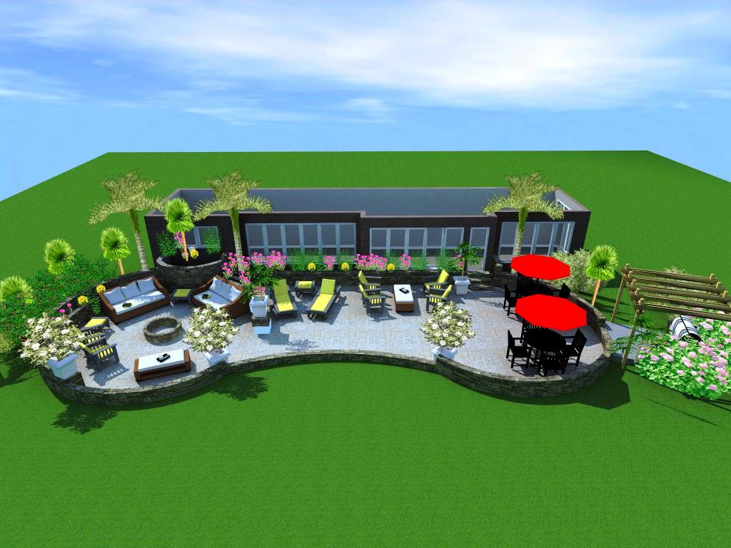 A 3 d rendering of an outdoor living area.