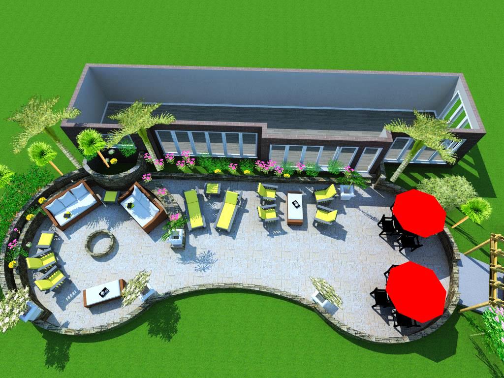 A 3 d rendering of an outdoor area with pool furniture.