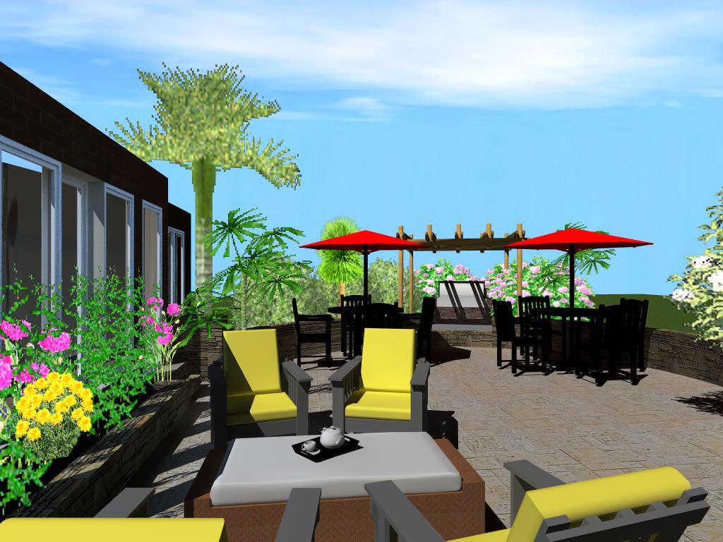 A 3 d rendering of an outdoor patio area.