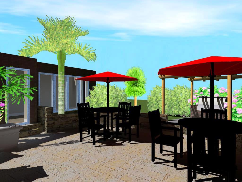 A patio with tables and chairs, umbrellas and palm trees.