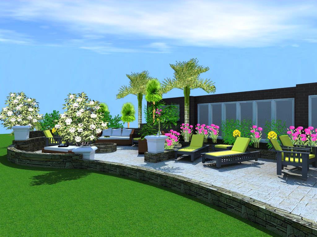 A 3 d rendering of an outdoor area with lounge chairs and flowers.