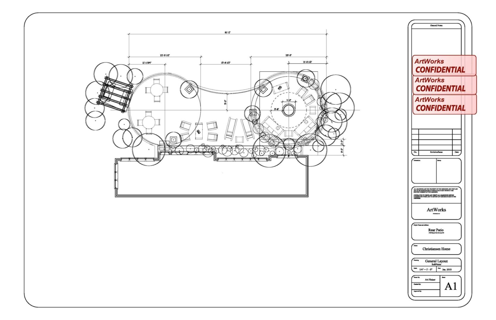 A drawing of a garden with a bench and trees.