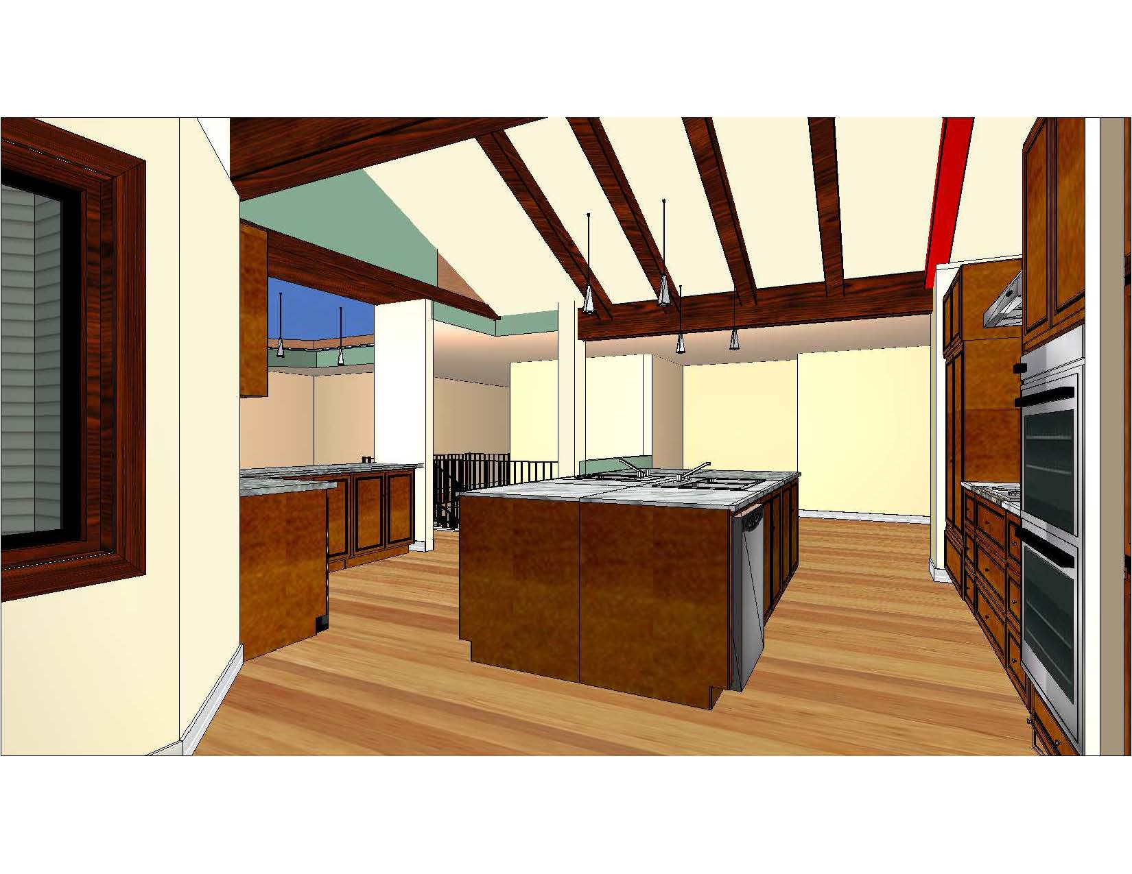 A computer rendering of the kitchen in a house.