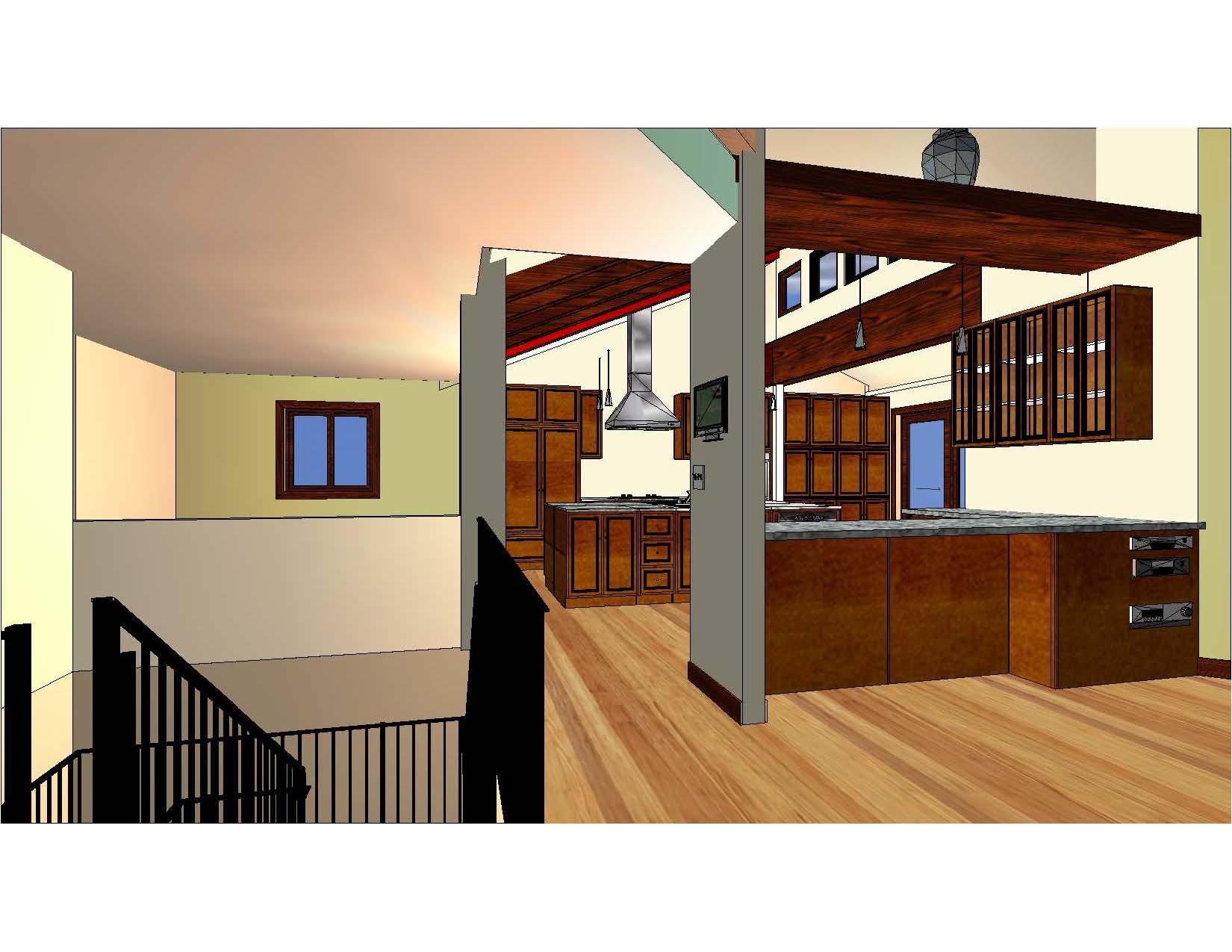 A 3 d rendering of the interior of a kitchen.