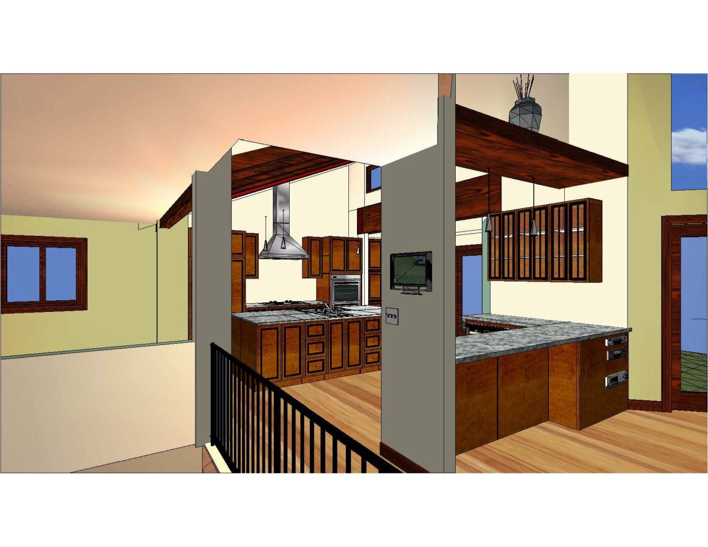 A 3 d rendering of the kitchen and dining room.