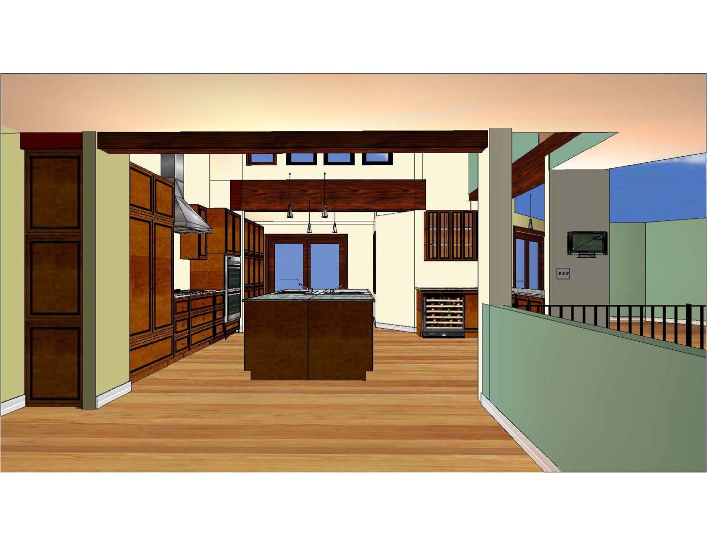 A computer rendering of the kitchen and living room.