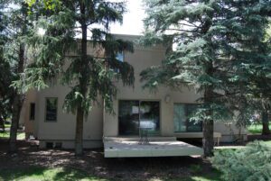 A house with trees and bushes in front of it.