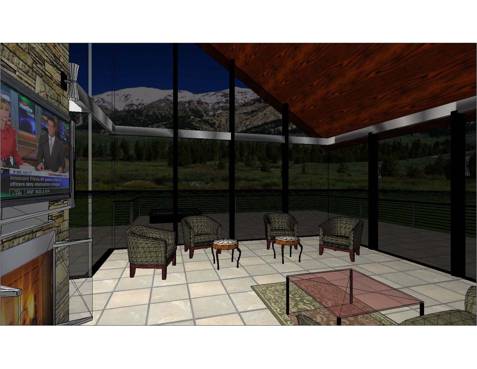 A computer generated image of a room with glass walls.