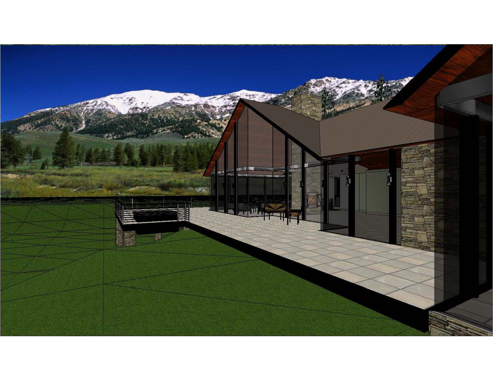 A 3 d rendering of the back patio and deck.