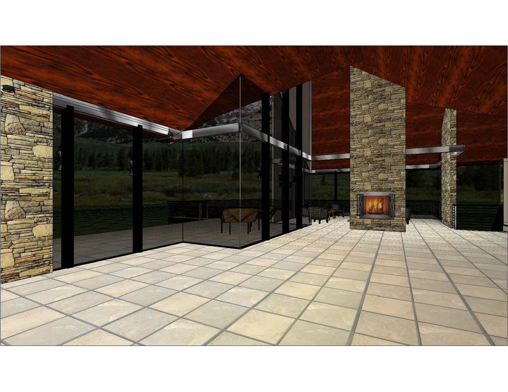 A large room with a fireplace and tiled floor.