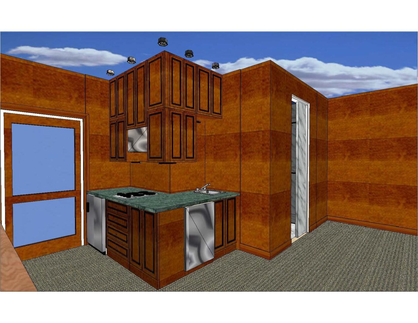 A computer rendering of the interior of a kitchen.