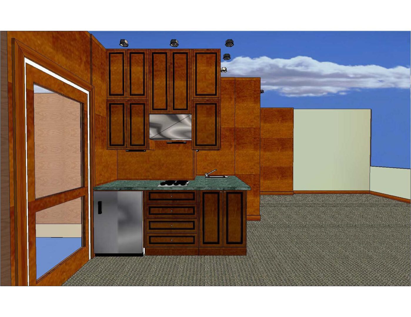 A computer generated image of a kitchen with wood cabinets.