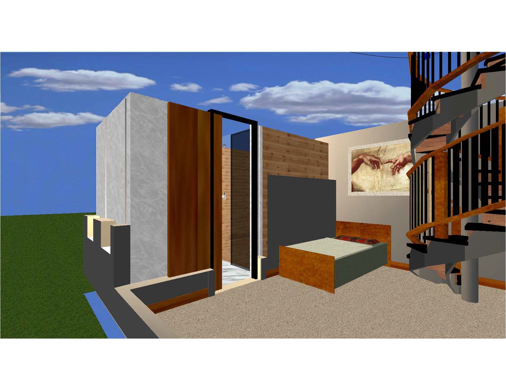 A computer generated image of a bedroom with a bed and a balcony.