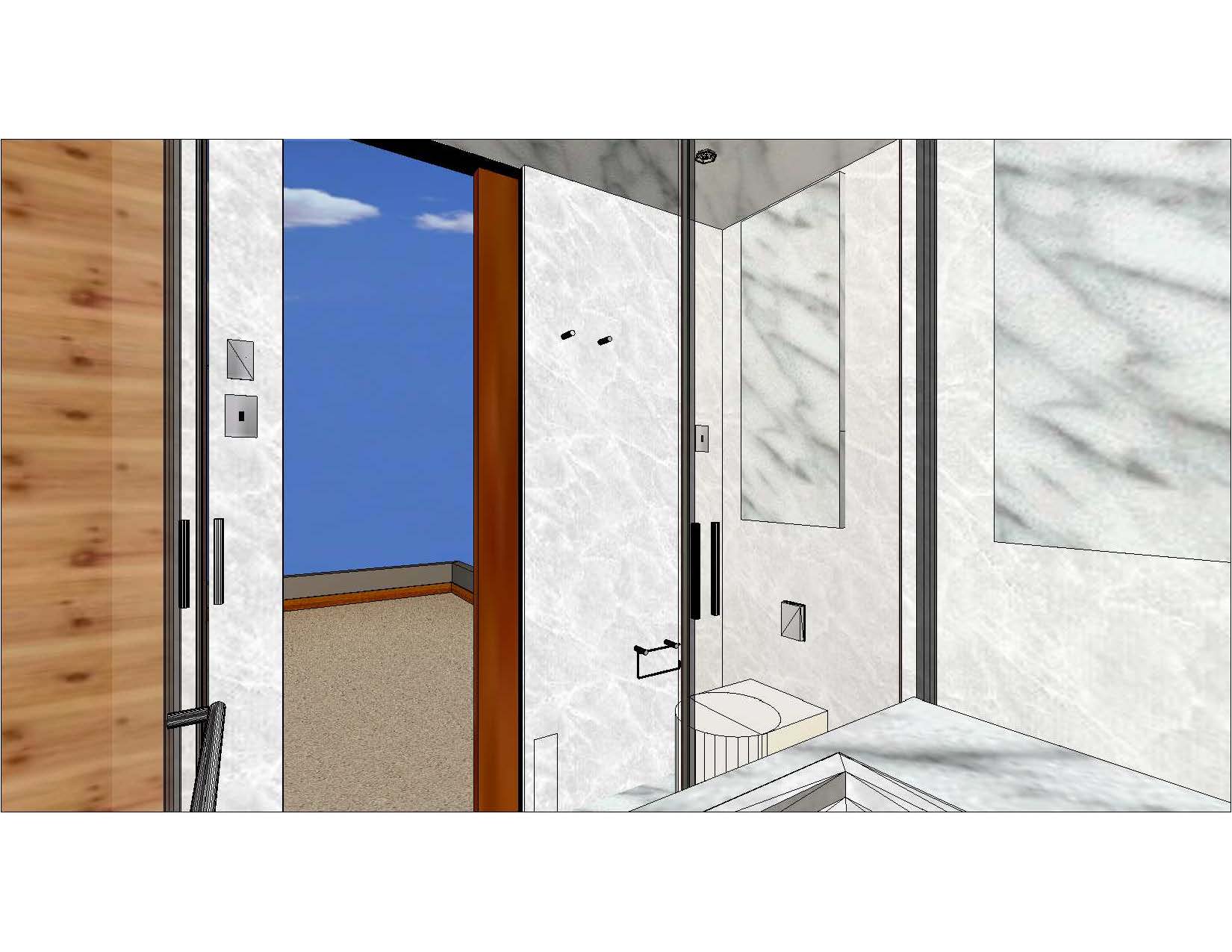 A drawing of the outside of a bathroom.