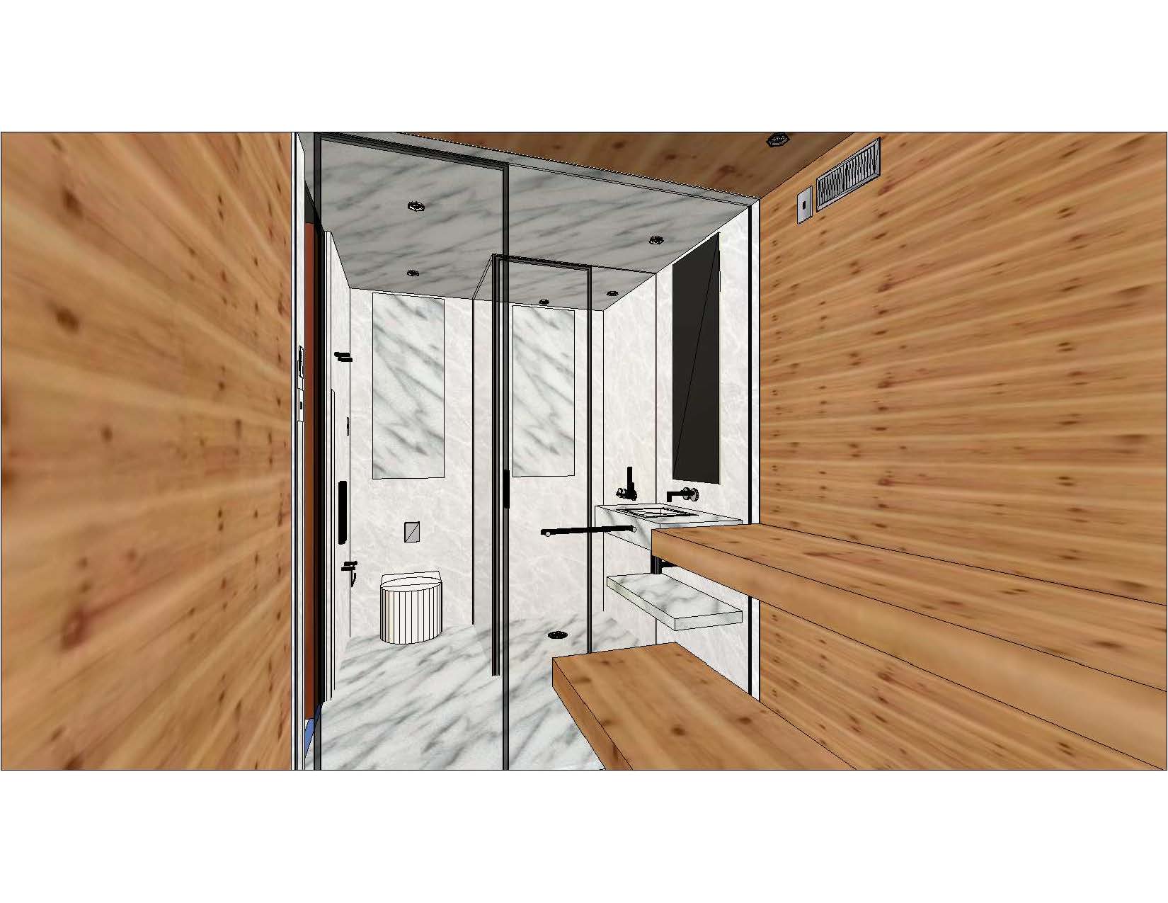 A rendering of the interior of a sauna.