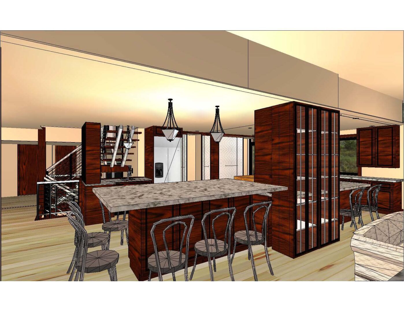 A rendering of the kitchen and dining room.