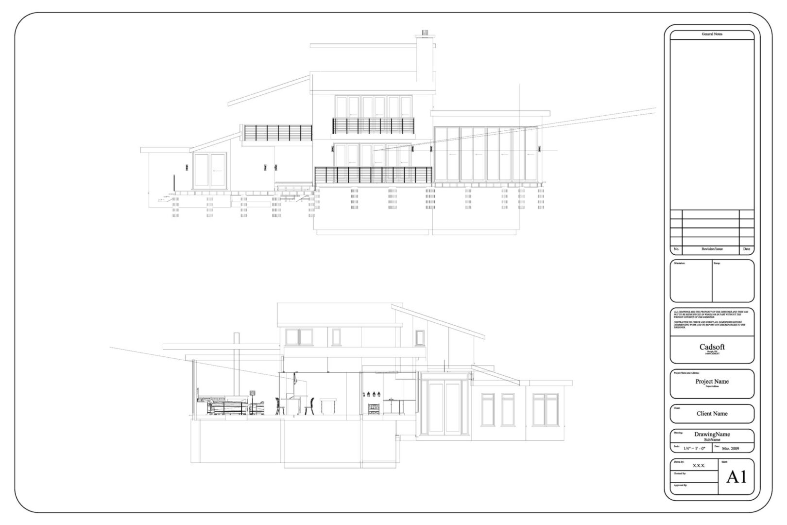 A drawing of two different sections of a building.