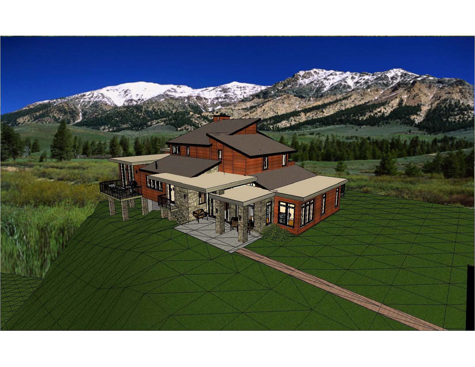 A 3 d rendering of the house in the mountains.