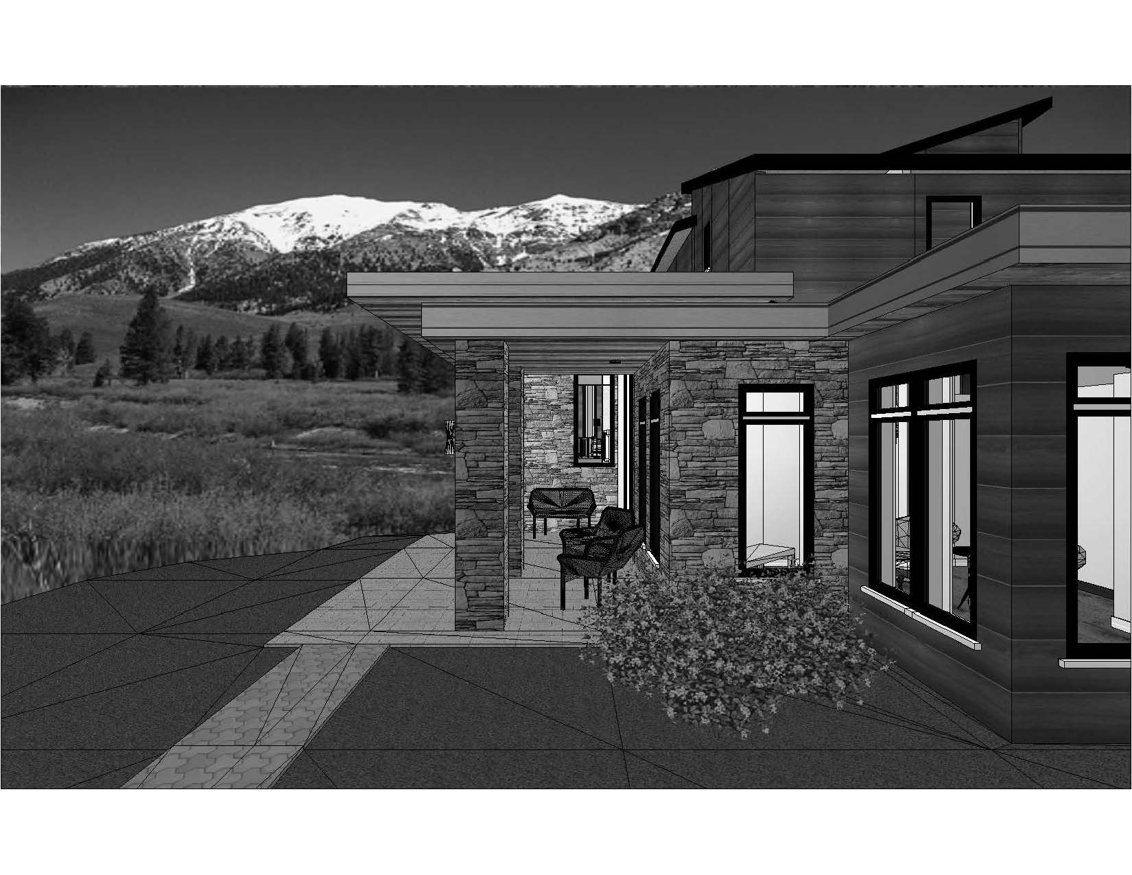 A black and white rendering of a house with mountains in the background.