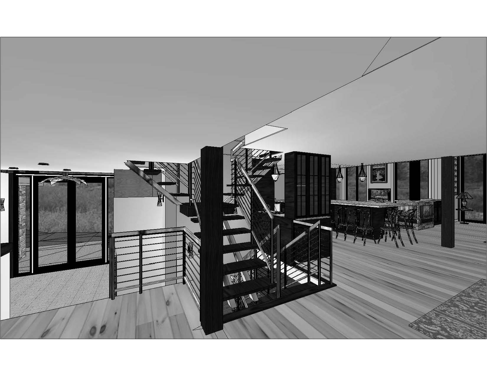 A black and white rendering of a room with stairs.