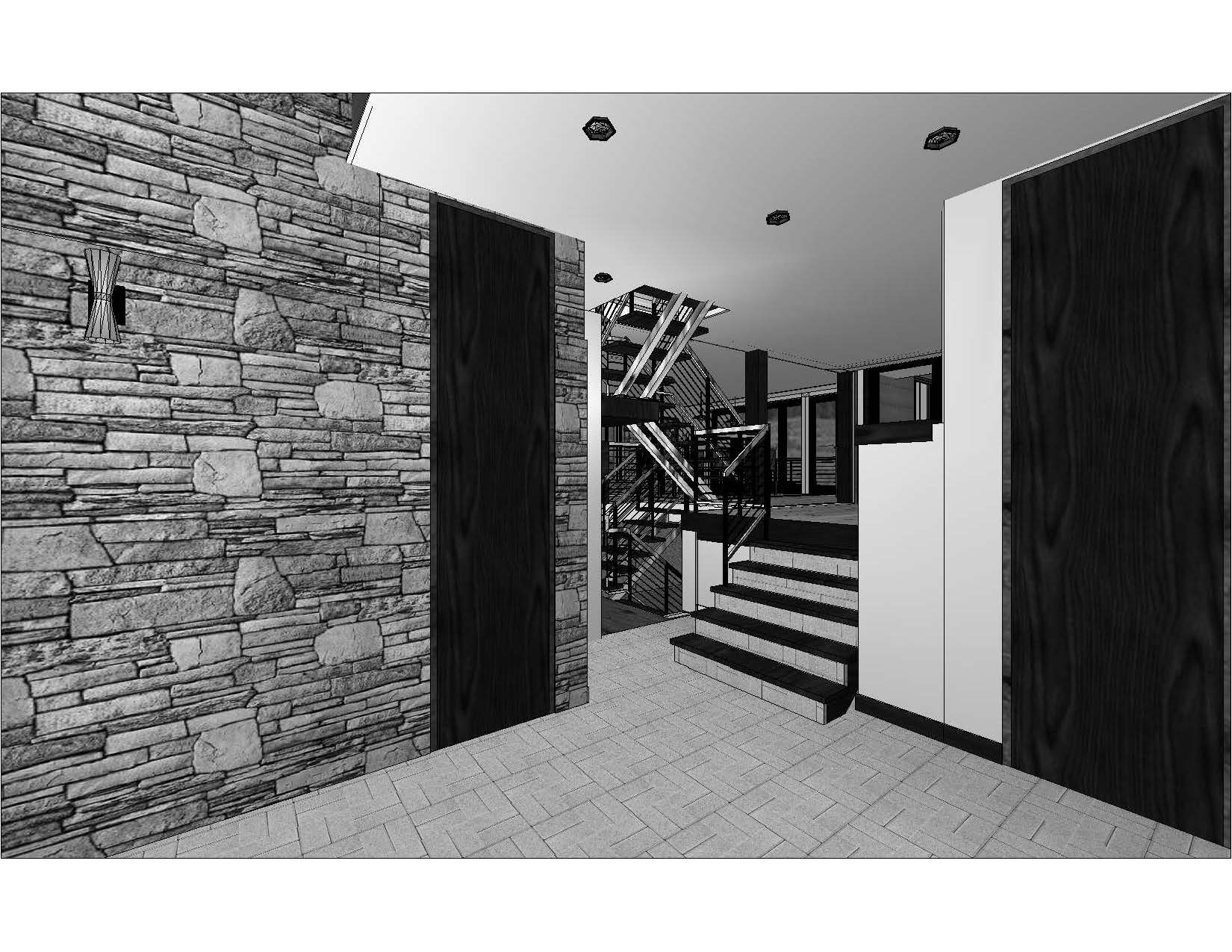 A black and white photo of a room with stairs.