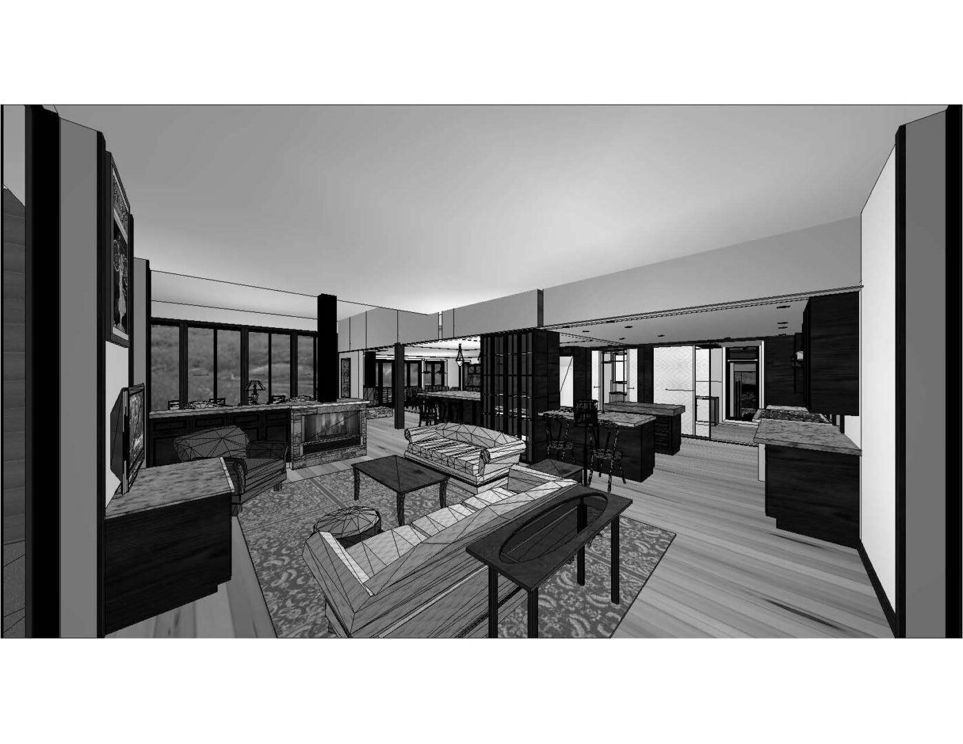 A black and white rendering of a living room.