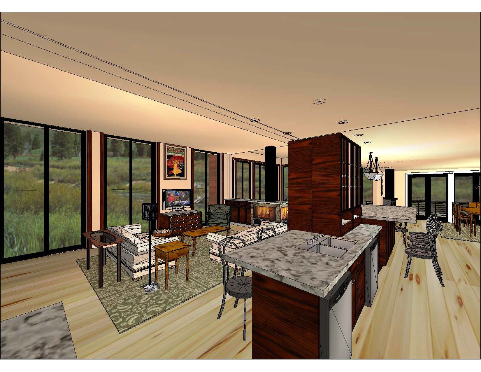 A 3 d rendering of the interior of a living room and dining area.