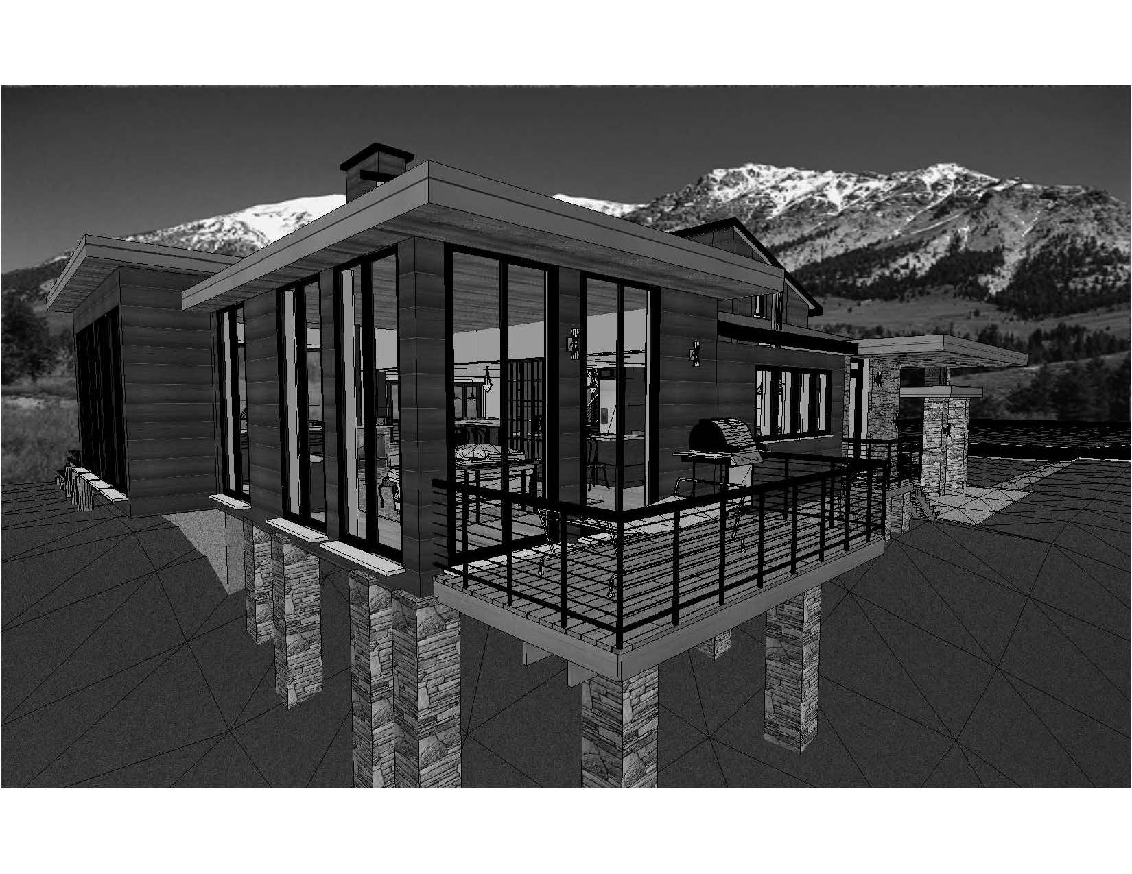 A black and white rendering of a house with mountains in the background.