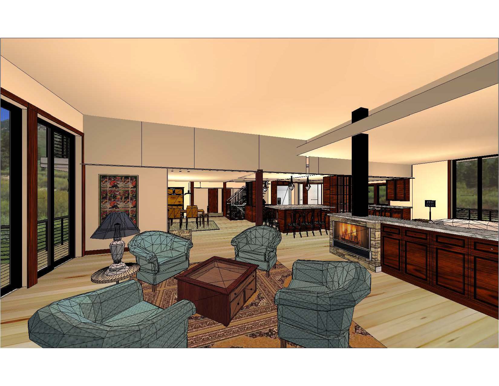 A 3 d rendering of the living room and kitchen.