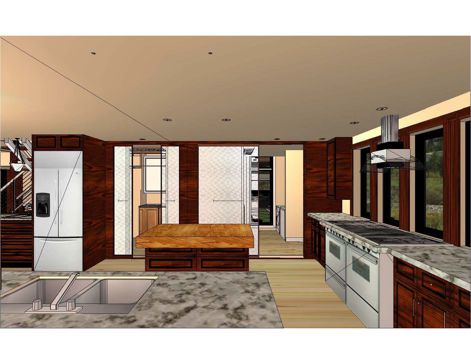 A 3 d rendering of the kitchen and living room.