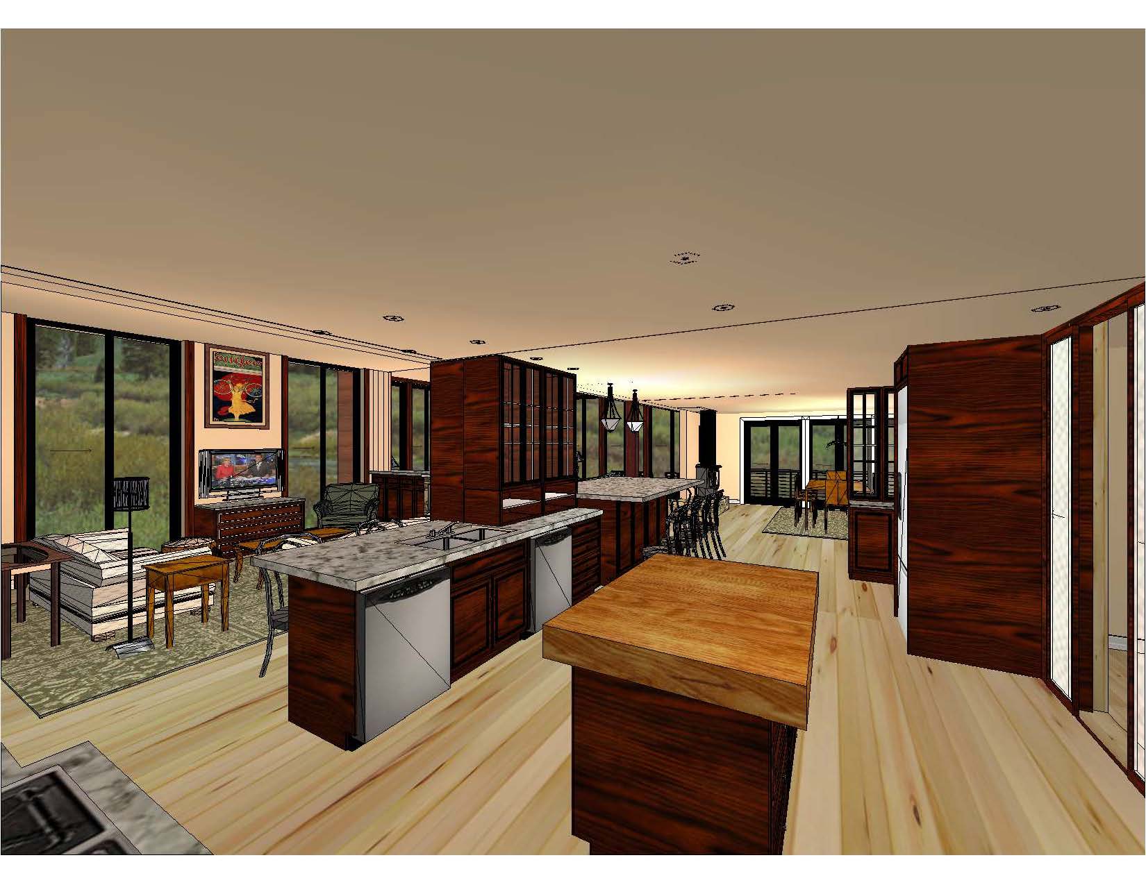 A 3 d rendering of the kitchen and dining room.