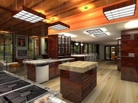 A kitchen with wooden floors and cabinets