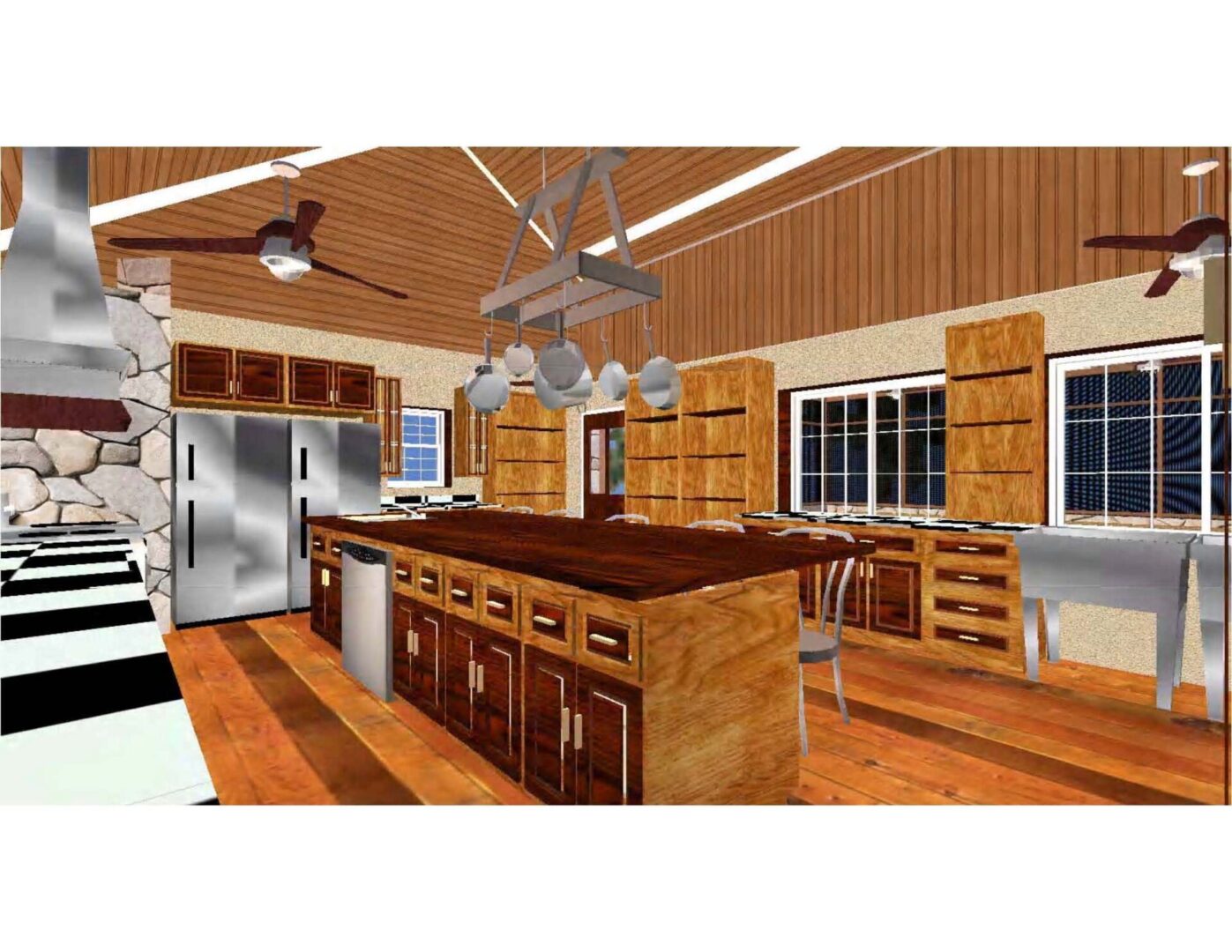 A kitchen with wooden cabinets and floors