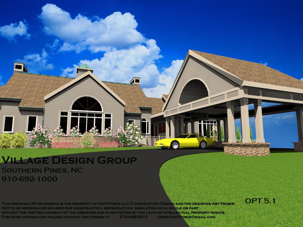 A rendering of the front of a house with cars parked in it.