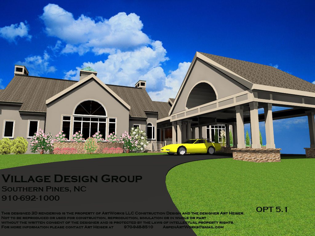A rendering of the front of a house with cars parked in it.