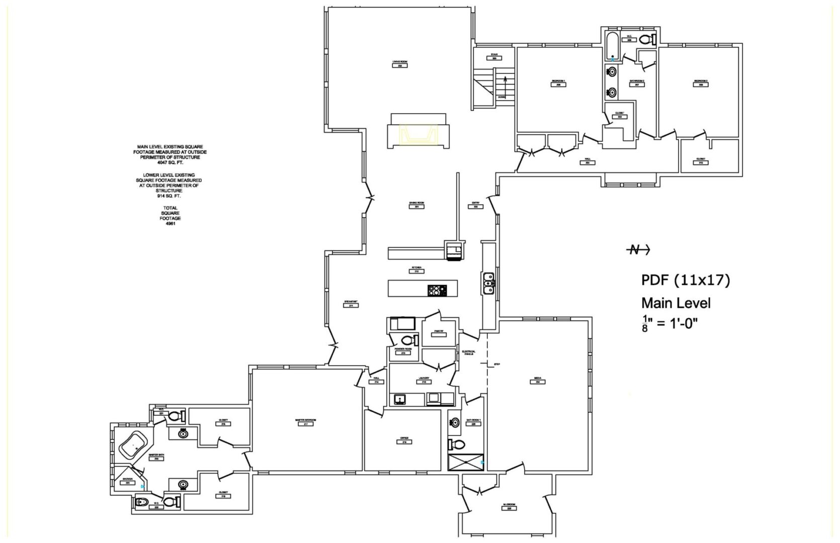 A floor plan of the main level of a house.