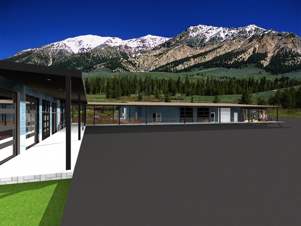 A rendering of the outside of a building with mountains in the background.