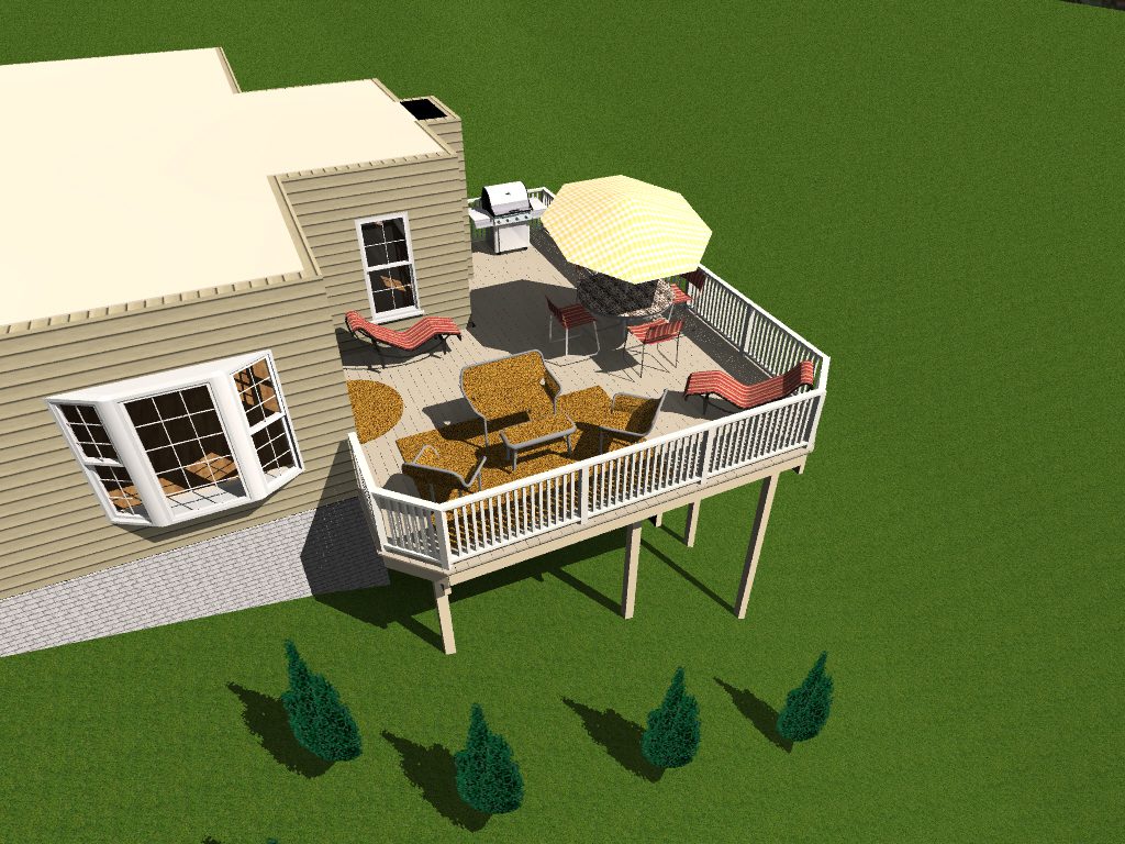 A 3 d image of an outdoor deck with furniture.