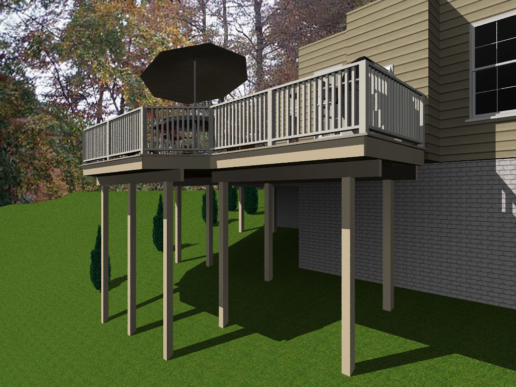 A 3 d rendering of the deck and patio area.