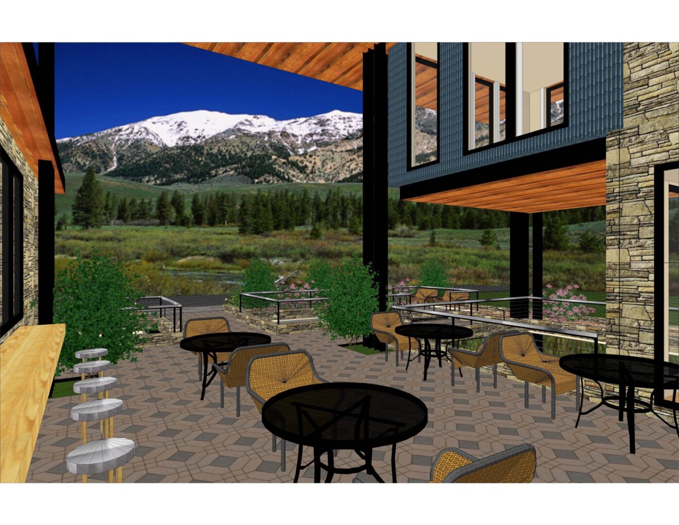 A 3 d rendering of an outdoor patio area with mountains in the background.