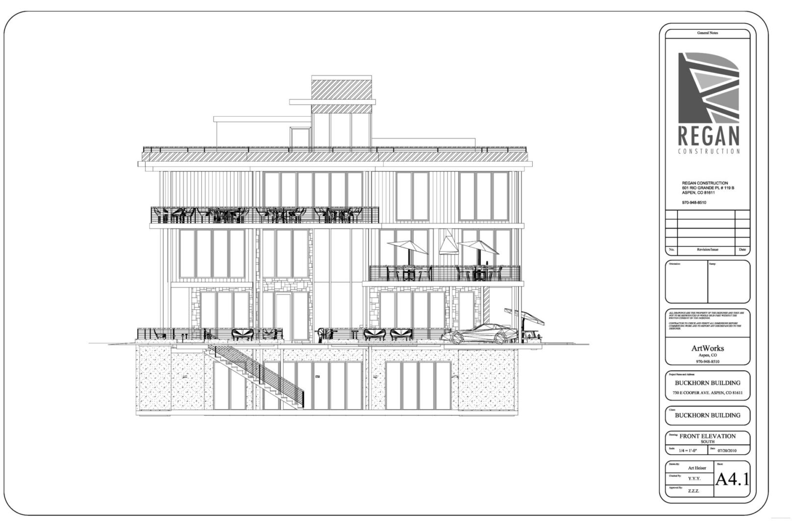 A drawing of the side of a building.