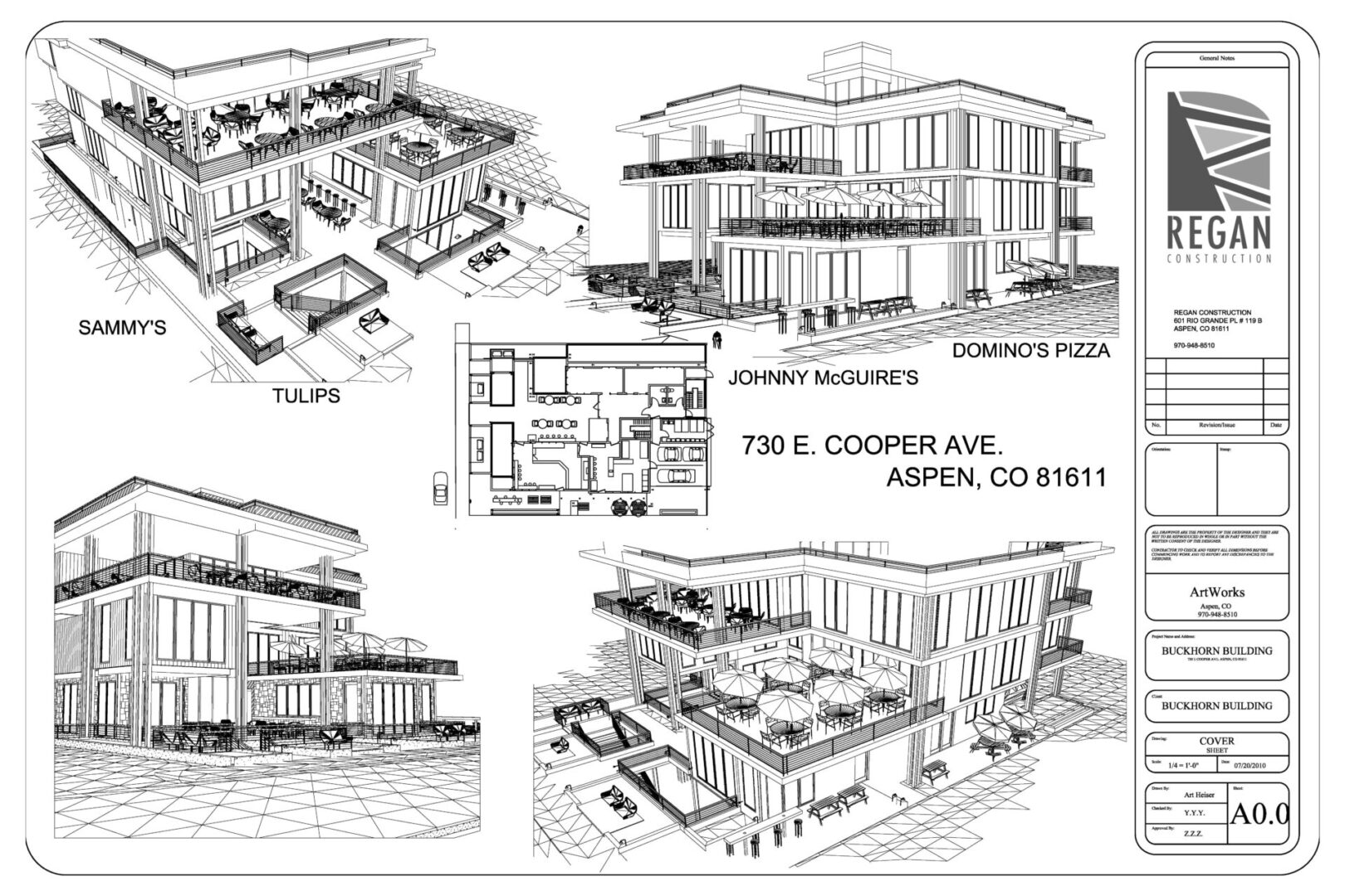 A drawing of some buildings and a building with many windows.