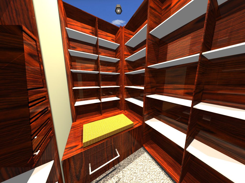 A computer generated image of a room with shelves.